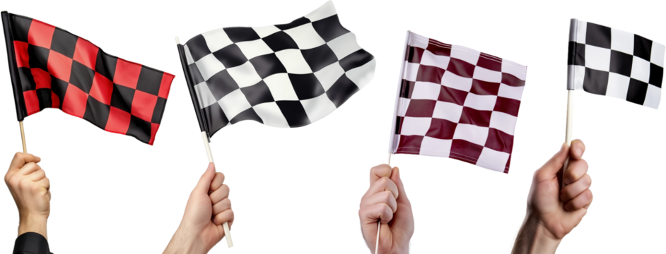 set of hands holding a racing flag isolated white background