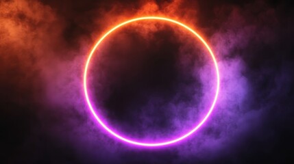 Fototapeta premium A vibrant neon circle surrounded by colorful mist, creating an ethereal, glowing effect against a dark background.
