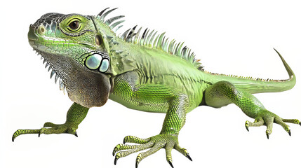 Obraz premium A large green iguana lizard is standing alone against a plain white backdrop.