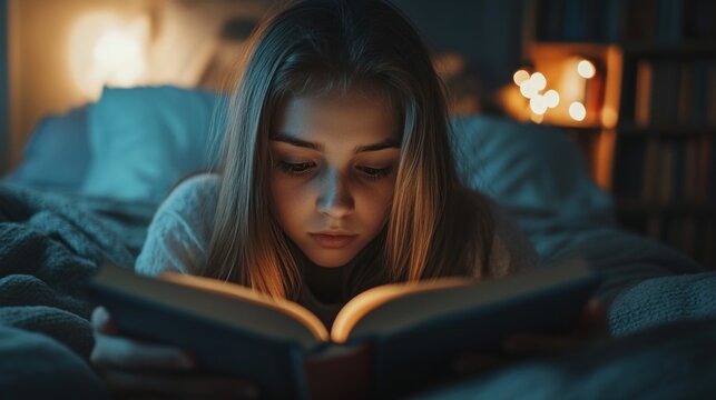 Young woman reading book in bed
