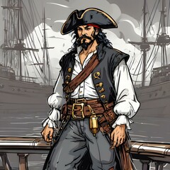 A vector of a pirate captain with a feathered hat, holding a sword, standing on a ship deck