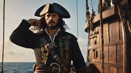 A vector of a pirate captain with a feathered hat, holding a sword, standing on a ship deck