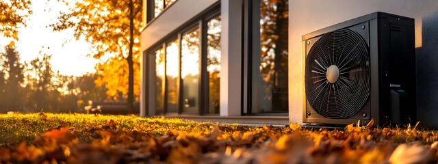A high-resolution image of an air source heat pump placed outside the house, surrounded by autumn leaves and sunlight filtering through trees