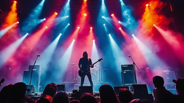 This guitarist enthralls the audience during a vibrant live concert, surrounded by bright lights.
