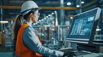 Female Engineer Working on Control Panel in Factory