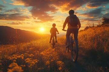 Obraz premium Two cyclists biking through a stunning sunset landscape, surrounded by tall grasses and vibrant colors.