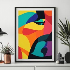 Abstract art print with vibrant colors and geometric shapes, framed on a white wall.