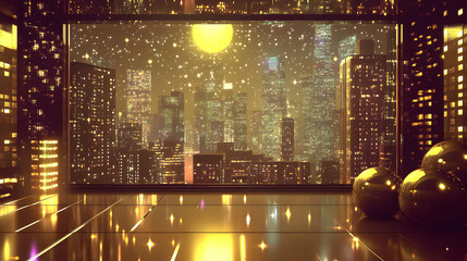 Cityscape Night View with Golden Spheres and a Full Moon