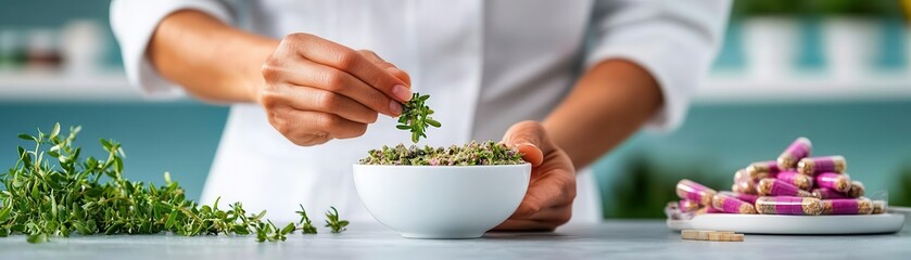Closeup of alternative medicine practitioner s hands creating herbal salves, alternative medicine, artisan making natural remedies