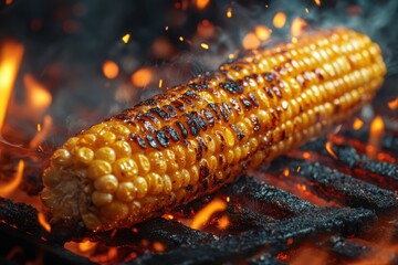 A close-up shot of a perfectly grilled corn cob, showcasing the char marks and glistening kernels against a background of fiery coals, evoking a warm and appetizing feel.