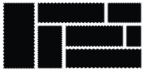 Zig zag edge rectangle shape collection.  Jagged rectangle. Isolated elements for design of text box, badge, banner.