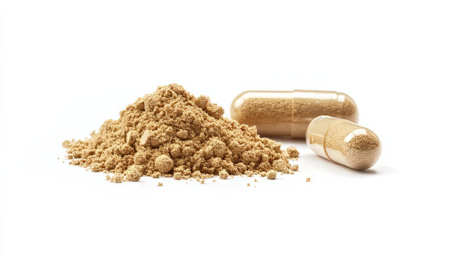 A small pile of maca powder and a capsule of herbal medicine are shown against a white backdrop.