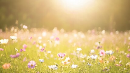 Fototapeta premium A serene field of colorful flowers bathed in warm sunlight, creating a tranquil and vibrant natural scene.