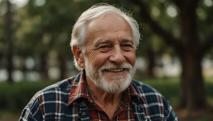 Elderly man with a white beard and plaid shirt smiling warmly and reflecting on life.