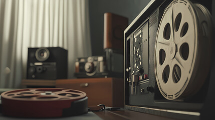 Obraz premium A vintage movie reel next to a home theater setup with muted tones. Muted Tones. Illustration