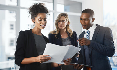 Planning, teamwork and documents with business people in office for legislation, privacy policy and lawyer. Case proposal, corporate and legal counsel with employees in law firm for justice.