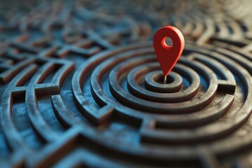 red location pin in the center of a complex three-dimensional maze or labyrinth, representing the challenge of finding one's goal in life and business..