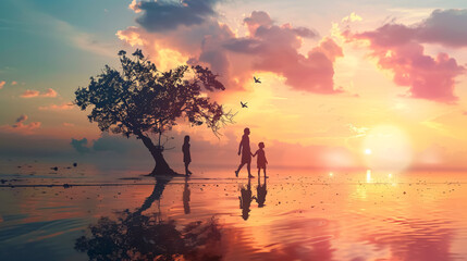 Fototapeta premium Happy family: mother, father, and baby girl