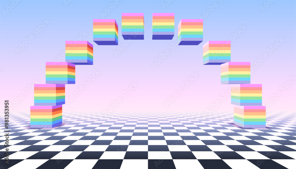Aufkleber arch shape made of 3d rainbow cubes in retro pixel game style and vaporwave colors. voxel cubes, 3d 