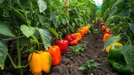 Colorful Bell Peppers Growing in a Greenhouse