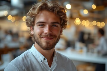 Fototapeta premium A smiling man with curly hair and a beard, dressed in a light shirt, is seen indoors with warm, bokeh lights in the background, creating a cozy, friendly atmosphere.