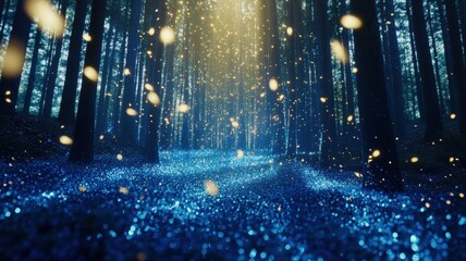A serene forest illuminated by ethereal blue light, filled with glowing particles, creates a magical atmosphere of tranquility and enchantment.
