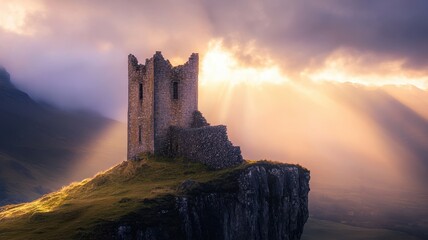 Fototapeta premium A solitary, ancient castle stands on a cliff, illuminated by golden rays of sunlight piercing through dramatic clouds.