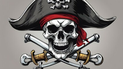 A detailed vector illustration of a pirate skull wearing a tricorn hat with crossed swords behind it