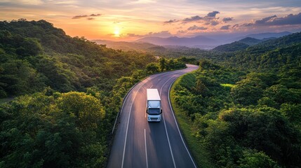 Truck on a Winding Road at Sunset