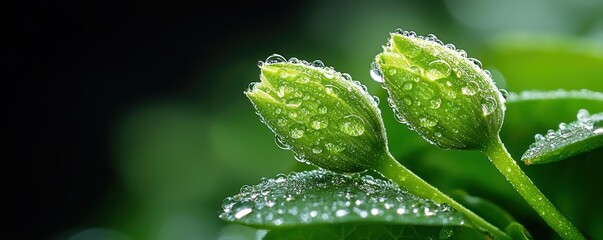 Close-up of fresh green buds with water droplets on leaves, showcasing nature's beauty and the essence of growth.