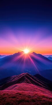 Stunning sunrise over majestic mountains, painting the sky in vibrant hues of purple and orange, perfect for nature enthusiasts.