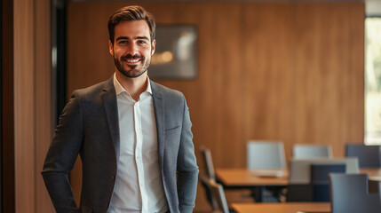 Fototapeta premium Confident young businessman in modern office hallway exudes success, happiness, leadership. Professional, stylish suit reflects ambition