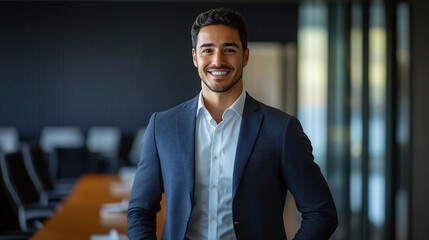 Fototapeta premium Smiling young professional in modern office, exuding confidence and success. Ideal for business concepts