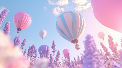 Colorful hot air balloons soar above a field of lavender, under a bright sky with soft clouds, creating a dreamy, serene atmosphere.