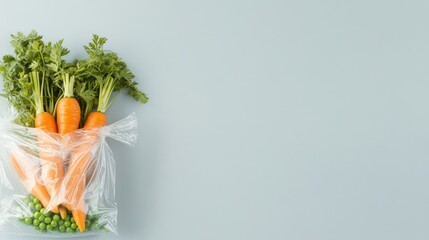 Freshly harvested carrots and vibrant green peas are neatly arranged in a plastic bag, showcasing a convenient way to store vegetables for continued freshness