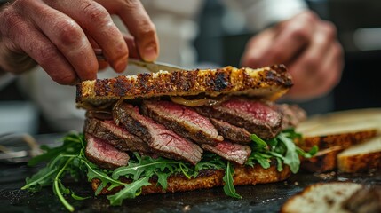 Gourmet Steak Sandwich Assembly in High-End Restaurant Kitchen - Perfect for Food Blogs and Culinary Posters