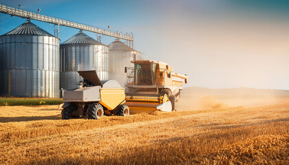 Obraz premium harvest on field, harvester working in a wheat grain elevator harvesting, agricultural industry