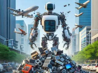 Image of robot in garbage pile, recycling, e-waste, computer industry, automotive industry, aviation industry