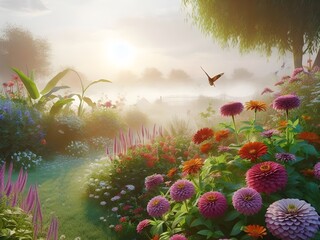 Multicolored flowers blooming and butterflies, house and garden in the morning, golden rays of light in the imagination, abstract watercolor painting.