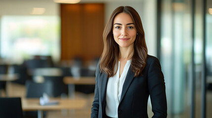 Young businesswoman is posing in a modern office building, wearing a suit and smiling
