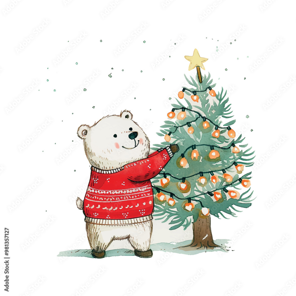 Canvas Prints A polar bear is holding a Christmas tree with lights on it. The bear is wearing a red sweater and he is enjoying the festive season