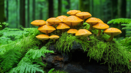 Mushrooms Sprouting on a mossy log