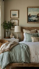Elegant coastal bedroom with natural decor and soft colors.