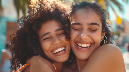 Happy Latin women laughing and hugging each other outdoor in the city - Millennial girls and friendship concept