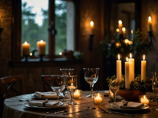 Elegant dining experience with flickering candles and cozy, rustic decor.