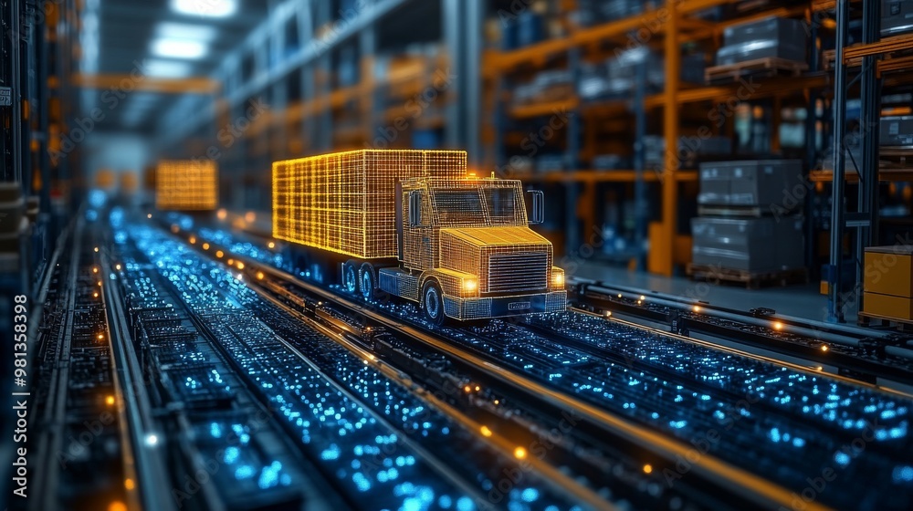 Poster advanced machine learning algorithms enhancing logistics operations at a modern warehouse