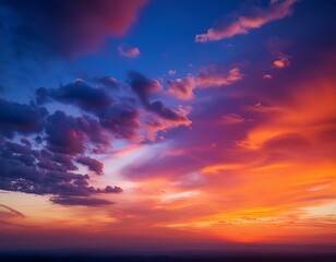 Obraz premium Fond d'écran d'un ciel crépusculaire éclatant avec des teintes vives de rouge et d'orange, parsemé de nuages doux.