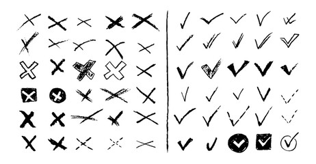 Set of ticks and crosses for to do list or vote. Vector elements for yes or no answering test questions. Back charcoal pencil correct or incorrect symbols. Doodle check marks and crosses collection.