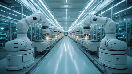 Obraz premium Robotic arms operate in sync within a high-tech manufacturing facility during daytime hours