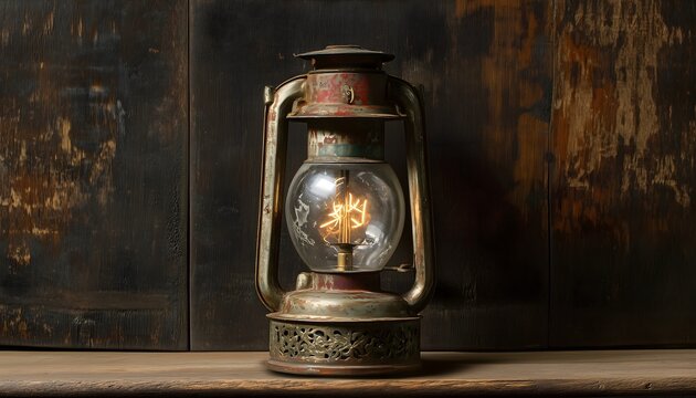 An antique lantern with a wooden wall as a background